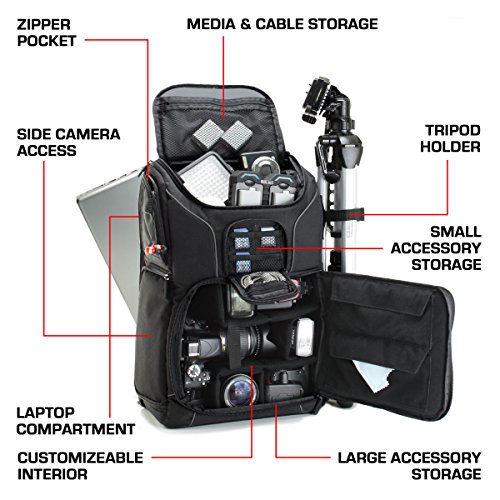 USA GEAR DSLR Camera Backpack Case - 15.6 inch Laptop Compartment, Padded Custom Dividers, Tripod Holder, Rain Cover, Long-Lasting Durability and Storage Pockets - Compatible with Many DSLRs (Black)