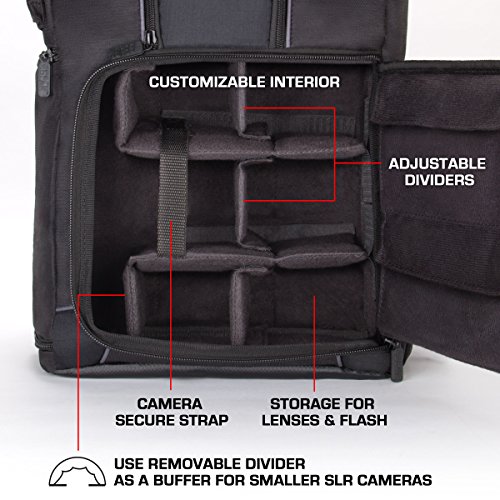 USA GEAR DSLR Camera Backpack Case - 15.6 inch Laptop Compartment, Padded Custom Dividers, Tripod Holder, Rain Cover, Long-Lasting Durability and Storage Pockets - Compatible with Many DSLRs (Black)