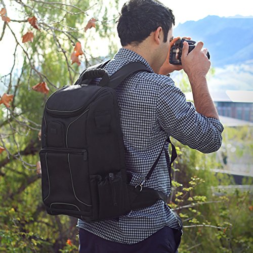 USA GEAR DSLR Camera Backpack Case - 15.6 inch Laptop Compartment, Padded Custom Dividers, Tripod Holder, Rain Cover, Long-Lasting Durability and Storage Pockets - Compatible with Many DSLRs (Black)