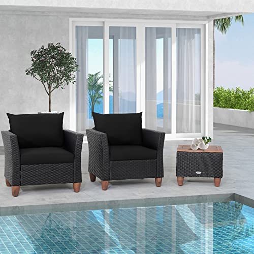 Tangkula 3 Pieces Patio Porch Furniture Set, PE Rattan Wicker Chair Conversation Set with Cushions and Storage Table, Outdoor Acacia Wood Bistro Set for Garden, Poolside (Black)