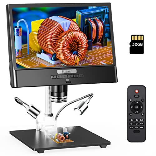 Elikliv EDM12 10'' LCD Digital Microscope, 50X-1300X Soldering Coin Microscope with Metal Stand,1080P Video Microscope, 10 LED Fill Lights, 12MP Ultra-Precise Focusing, 32 GB Card Included