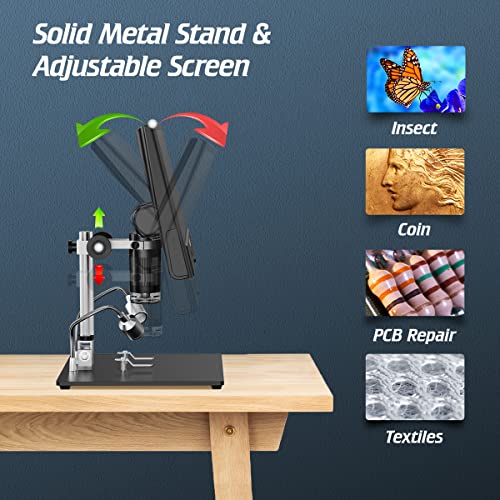 Elikliv EDM12 10'' LCD Digital Microscope, 50X-1300X Soldering Coin Microscope with Metal Stand,1080P Video Microscope, 10 LED Fill Lights, 12MP Ultra-Precise Focusing, 32 GB Card Included