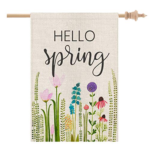 CROWNED BEAUTY Hello Spring Floral House Flag 28×40 Inch Large Vertical Double Sided Seasonal Outside Yard Flag CF094-28