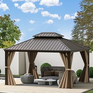 Domi 12'x14' Outdoor Hardtop Gazebo Aluminum Permanent Canopy with Galvanized Steel Roof,Curtains and Netting,for Patios,Backyard,Lawns,Garden