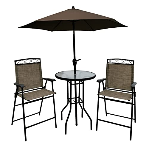 BACKYARD EXPRESSIONS PATIO · HOME · GARDEN 909851-NM 4 PC Folding Patio Bar Set with 27.5" Table with Umbrella-Backyard Expressions, Black Frame/Tan Sling Fabric