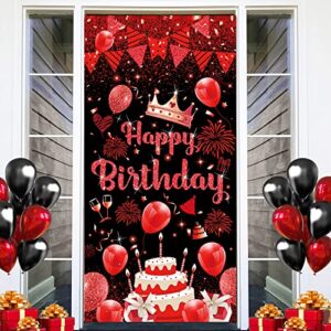red birthday party banner decorations, red and black happy birthday door cover backdrop glitter crown banner sign for kids girls women men birthday photo booth background front door supplies,73”x36”