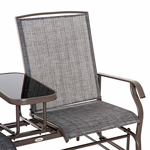 Outsunny Outdoor Glider Bench with Center Table, Metal Frame Patio Loveseat with Breathable Mesh Fabric and Armrests for Backyard Garden Porch, Gray
