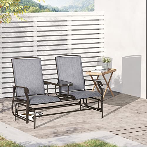 Outsunny Outdoor Glider Bench with Center Table, Metal Frame Patio Loveseat with Breathable Mesh Fabric and Armrests for Backyard Garden Porch, Gray
