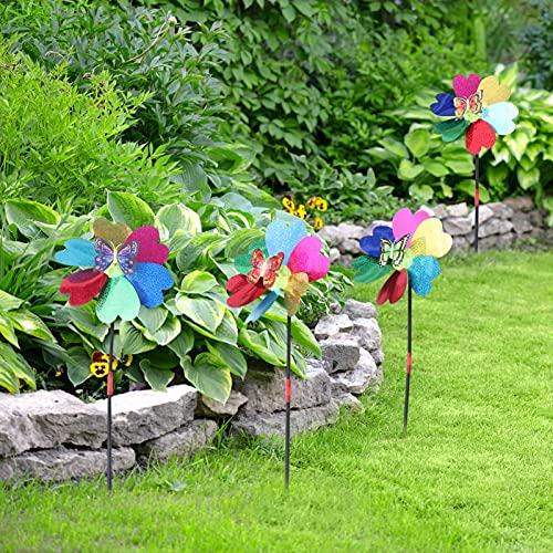 DOITOOL 4PCS Garden Wind Spinner Garden Pinwheels Sunflower Wind Spinners with Metal Stakes for Yard Decor Sequin Butterfly Windmill