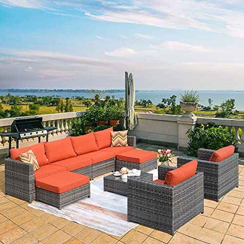 XIZZI Patio Furniture Set, No Assembly 9 PCS Big Size Outdoor Sectional Sofa All Weather PE Rattan Wicker Outdoor Furniture with 2 Pillows,Grey Wicker Orange Red