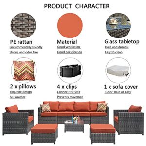 XIZZI Patio Furniture Set, No Assembly 9 PCS Big Size Outdoor Sectional Sofa All Weather PE Rattan Wicker Outdoor Furniture with 2 Pillows,Grey Wicker Orange Red