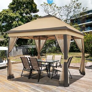 yaheetech 11’x11′ pop up gazebo outdoor canopy shelter instant pop up patio gazebo sun shade gazebo canopy tent with double tiers and mesh netting, for lawn, garden, backyard and deck (khaki&brown)