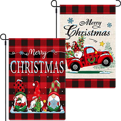 2 Pieces Christmas Garden Flags Christmas Decorations Outdoor Buffalo Check Plaid Truck Flag Double Sided Christmas Flags Xmas Outdoor Flag Winter Flag for Holiday Home Decoration, 18 x 12 Inches