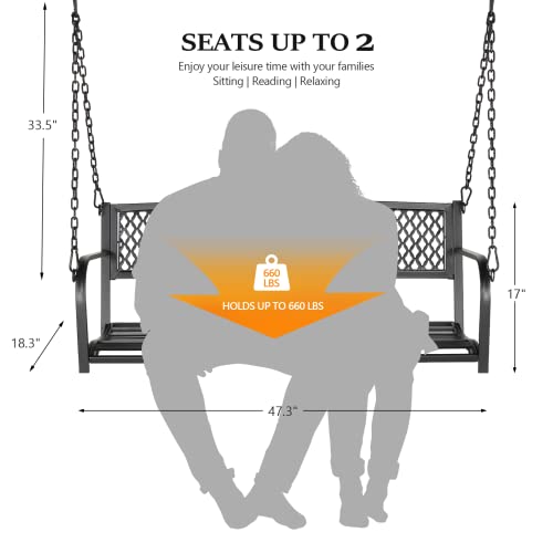 VINGLI Upgraded Metal Patio Porch Swing, 660 LBS Weight Capacity Steel Porch Swing Chair for Outdoors, Heavy Duty Garden Swing Bench for Gardens & Yards (Pattern 2)