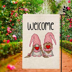 CROWNED BEAUTY Valentines Day Garden Flag 12×18 Inch Vertical Double Sided Valentine Gnome Welcome Flag for Outside Yard Anniversary Wedding Farmhouse Décor CF015-12