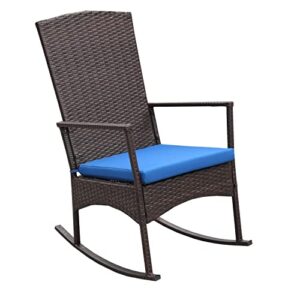 Outdoor PE Wicker Rocking Chair 3-Piece Patio Rattan Bistro Set 2 Rocker Armchair and Glass Coffee Side Table Furniture, Washable Lacing Cushion (Royal Blue)