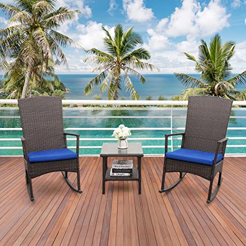 Outdoor PE Wicker Rocking Chair 3-Piece Patio Rattan Bistro Set 2 Rocker Armchair and Glass Coffee Side Table Furniture, Washable Lacing Cushion (Royal Blue)