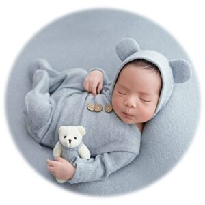 zeroest newborn photography props boy outfits baby photo shoot prop outfit bebe boy picture bear hat footed romper set costume (light blue)