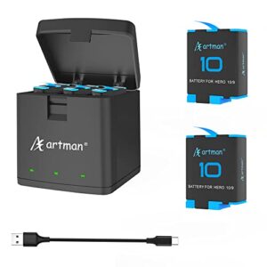 artman hero 10/11/9 batteries 1800mah(2-pack)and 3-channel usb storage quick charger for gopro hero 11 black, hero 10 black, hero 9 black, fully compatible with gopro hero 10 11 9 battery and charger