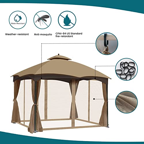 Gazebo Universal Replacement Mosquito Netting - Wonwon Outdoor Gazebo Canopy 4-Panel Screen Walls with Zipper for 10' x 12' Gazebo (Mosquito Net Only) (Khaki)