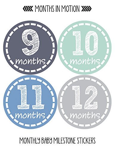 Months in Motion Baby Monthly Stickers - Baby Milestone Stickers - Newborn Boy Stickers - Month Stickers for Baby Boy - Baby Boy Stickers - Newborn Monthly Milestone Stickers (12 Count)