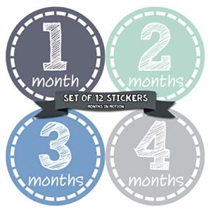 months in motion baby monthly stickers – baby milestone stickers – newborn boy stickers – month stickers for baby boy – baby boy stickers – newborn monthly milestone stickers (12 count)