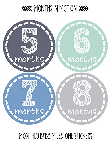 Months in Motion Baby Monthly Stickers - Baby Milestone Stickers - Newborn Boy Stickers - Month Stickers for Baby Boy - Baby Boy Stickers - Newborn Monthly Milestone Stickers (12 Count)