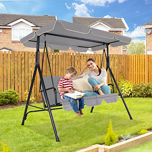 Funny Sunny Outdoor Patio Swing Chair with Canopy,3 Seater Porch Swing Chair with Adjustable Canopy and Removable Cushion for Patio Garden Poolside Balcony Backyard, Grey