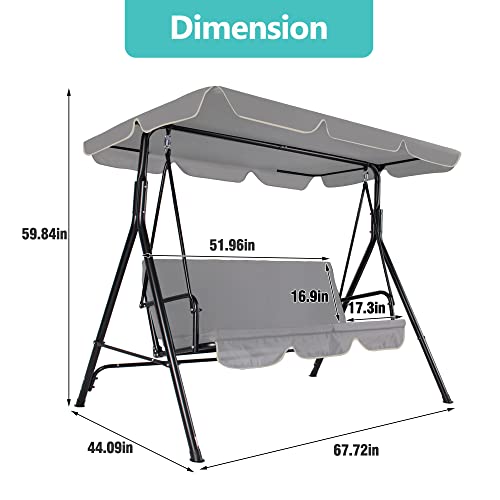 Funny Sunny Outdoor Patio Swing Chair with Canopy,3 Seater Porch Swing Chair with Adjustable Canopy and Removable Cushion for Patio Garden Poolside Balcony Backyard, Grey