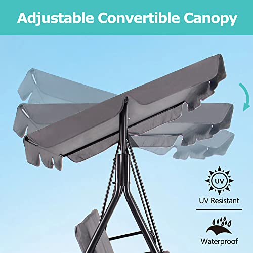 Funny Sunny Outdoor Patio Swing Chair with Canopy,3 Seater Porch Swing Chair with Adjustable Canopy and Removable Cushion for Patio Garden Poolside Balcony Backyard, Grey