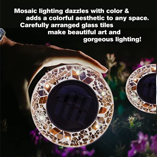 Bell+Howell Solar Outdoor Mosaic Disk Lights, 4 Pack Ultra-Premium Glass Decorative Pathway Lights, Solar Lights Outdoor Waterproof Disk Lights, LED Pathway Lights, Auto On/Off Lights, Oak Brown