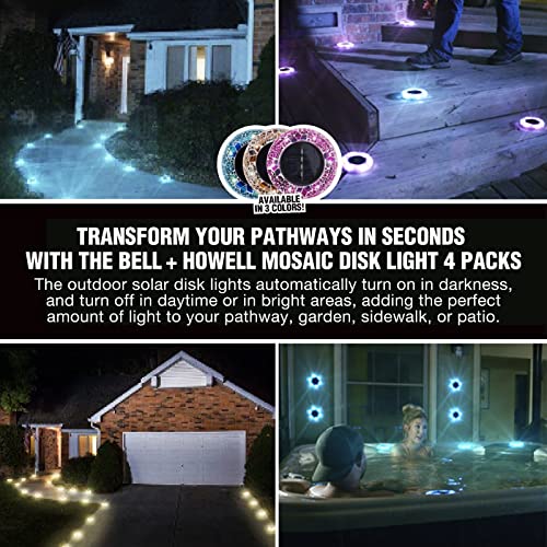 Bell+Howell Solar Outdoor Mosaic Disk Lights, 4 Pack Ultra-Premium Glass Decorative Pathway Lights, Solar Lights Outdoor Waterproof Disk Lights, LED Pathway Lights, Auto On/Off Lights, Oak Brown