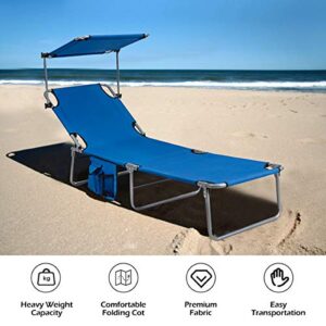 Giantex Lounge Chaise Chair Position and Shade Adjustable W/Canopy and Storage Pocket Folding Cot Recliner for Garden, Yard, Pool Side and Beach Sunbathing Folding Lounge Chairs(1, Navy)