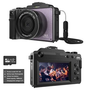 oiexi 48mp camera for photography,4k digital camera for kids and adults with front and rear dual cameras,18x digital zoom,built-in 7 color filters,32gb tf card,rechargeable battery(lilac violet)