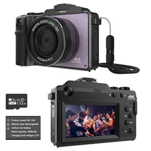 OIEXI 48MP Camera for Photography,4K Digital Camera for Kids and Adults with Front and Rear Dual Cameras,18X Digital Zoom,Built-in 7 Color Filters,32GB TF Card,Rechargeable Battery(Lilac Violet)