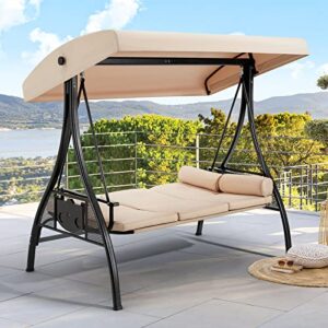 homrest 3-seat outdoor porch swing with adjustable canopy and backrest, patio swing chair with weather resistant steel frame,comfortable cushions for balcony,garden,deck and poolside(khaki)