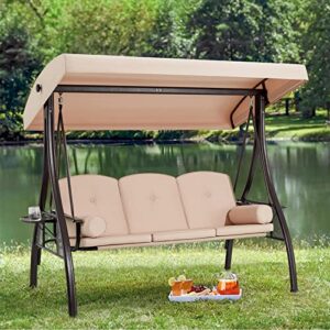 HOMREST 3-Seat Outdoor Porch Swing with Adjustable Canopy and Backrest, Patio Swing Chair with Weather Resistant Steel Frame,Comfortable Cushions for Balcony,Garden,Deck and Poolside(Khaki)