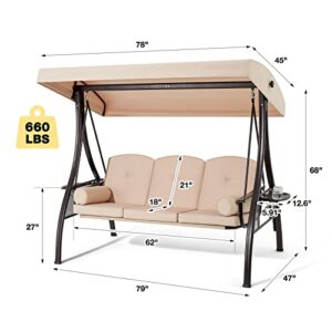 HOMREST 3-Seat Outdoor Porch Swing with Adjustable Canopy and Backrest, Patio Swing Chair with Weather Resistant Steel Frame,Comfortable Cushions for Balcony,Garden,Deck and Poolside(Khaki)