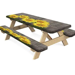 Sunflowers Picnic Bench Fitted Table Cover, Helianthus Against Weathered Aged Fence Summer Garden Photo Table Cloth, 28x72 Inch, 3 Piece Set, for Picnics Indoor and Outdoor Dining, Brown Yellow