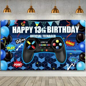 happy 13th birthday video game backdrop banner, level 13 up birthday background with game controller print gaming theme for photography, photo props, video game party wall decoration (blue)