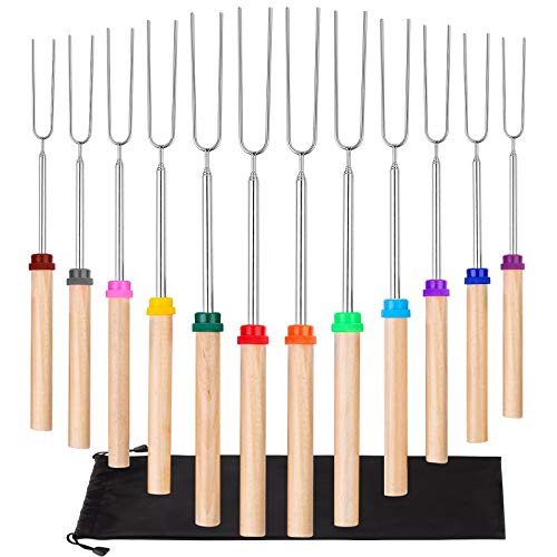 12Pack Marshmallow Roasting Sticks Telescoping Campfire Roasting Skewers Extendable 32Inch Wooden Handle Hot Dog Smore Sticks Marshmallow Skewers for Fire Pits