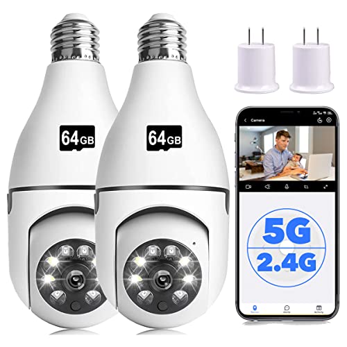 Light Bulb Security Camera, 1080P 2.4G&5G WiFi Security Camera, 355° Motion Detection Night Vision Light Socket Security Camera Works with Alexa&Google Assistant (2Pack 2.4G&5G with 64GB SD Card)