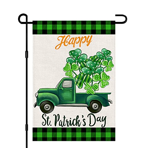 Happy St. Patrick's Day Burlap Garden Flags 12x18 Inch Double Sided, Green Truck Lucky Shamrock Sign Small Farmhouse Yard Outdoor Decorations DF191