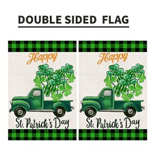 Happy St. Patrick's Day Burlap Garden Flags 12x18 Inch Double Sided, Green Truck Lucky Shamrock Sign Small Farmhouse Yard Outdoor Decorations DF191