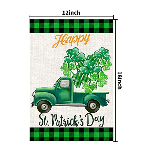 Happy St. Patrick's Day Burlap Garden Flags 12x18 Inch Double Sided, Green Truck Lucky Shamrock Sign Small Farmhouse Yard Outdoor Decorations DF191