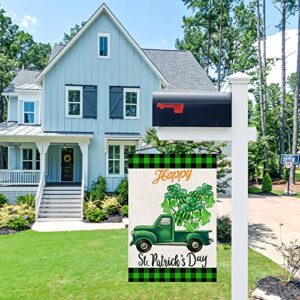 Happy St. Patrick's Day Burlap Garden Flags 12x18 Inch Double Sided, Green Truck Lucky Shamrock Sign Small Farmhouse Yard Outdoor Decorations DF191