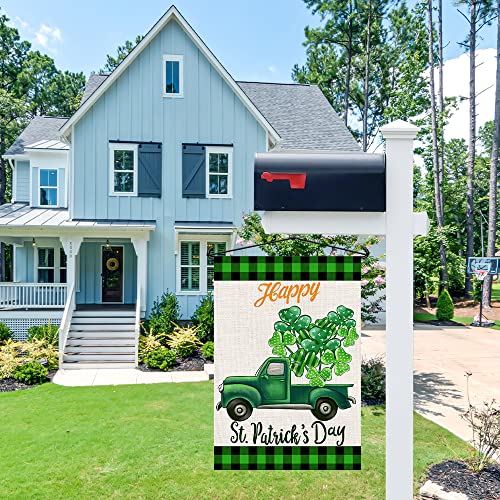 Happy St. Patrick's Day Burlap Garden Flags 12x18 Inch Double Sided, Green Truck Lucky Shamrock Sign Small Farmhouse Yard Outdoor Decorations DF191