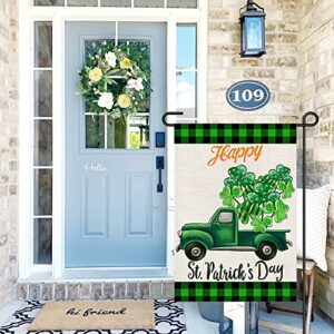 Happy St. Patrick's Day Burlap Garden Flags 12x18 Inch Double Sided, Green Truck Lucky Shamrock Sign Small Farmhouse Yard Outdoor Decorations DF191