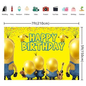 Yellow Happy Birthday Backdrop Cartoon Theme Background for Boys Girls Party Supplies Baby Shower Cake Table Decoration Banner Kids Photography Studio Props 7X5FT