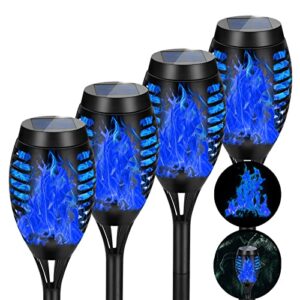 aounq solar lights outdoor waterproof blue, upgraded 4 pack solar torch lights with flickering flame, mini solar outdoor garden lights tiki torches for outside patio yard pathway christmas decor